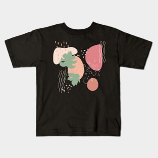 Abstract shapes dots lines and tropical plants digital design illustration Kids T-Shirt